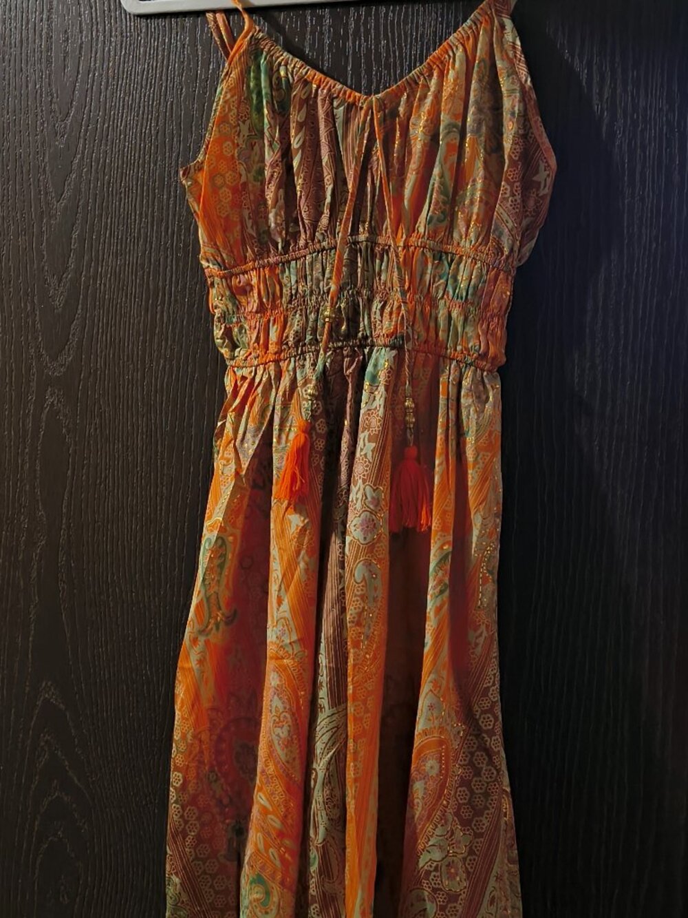 boho-style orange and multi-colored printed mini dress